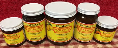 A picture of several jars of Bauman's pear butter