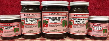 A picture of several jars of Bauman's strawberry rhubarb butter
