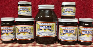 A picture of several jars of Bauman's apple butter