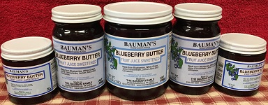 A picture of several jars of Bauman's blueberry butter