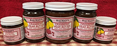A picture of several jars of Bauman's cranberry pear butter