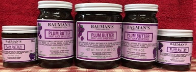 A picture of several jars of Bauman's plum butter