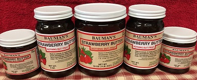 A picture of several jars of Bauman's strawberry butter